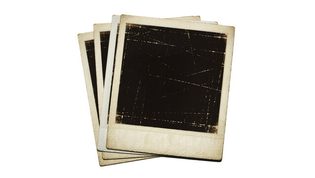 Stack of vintage instant film photos with scratched dark surfaces, isolated on transparent background