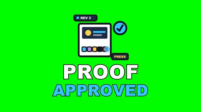 4K green screen PROOF APPROVED animated text - the loupe tracking the bars until registration locks, kinetic typography print and merch overlay for workshop content and social media, chroma key