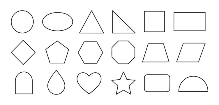 Black outline geometric shapes set with circle, oval, triangle, square, rectangle, diamond, pentagon, hexagon and more, arranged in neat grid on white background