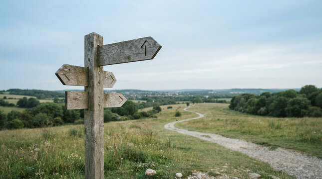Weathered signpost with four arms on a grassy hill above a wide valley