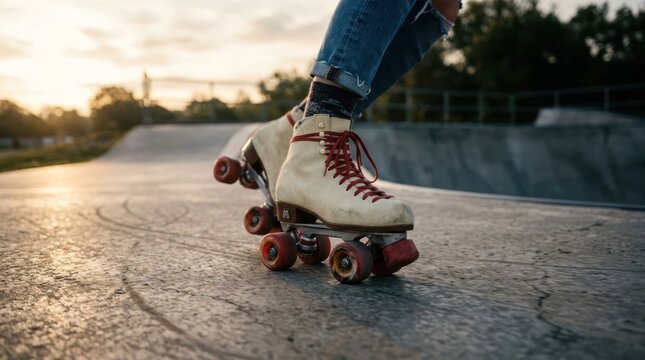 Closeup of a person wearing roller skates at a skate park during sunset.