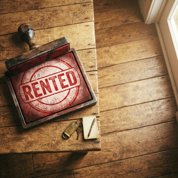 Red rented stamp beside two brass keychains on a weathered wooden table