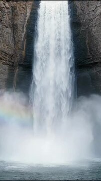 Slow motion aerial view of a waterfall cascading down rocky cliffs into a river below with mist and spray effects
