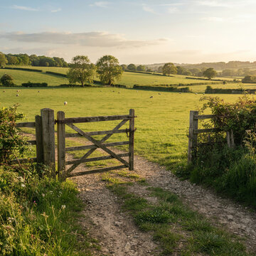 Weathered gate opens onto a green pasture where sheep graze beneath rolling hills