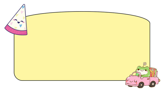 Kawaii frog character in pink car frame, cute pastel yellow message board, whimsical birthday party border with party hat