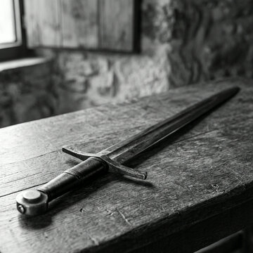 Medieval sword resting on a weathered wooden table in a stone walled room