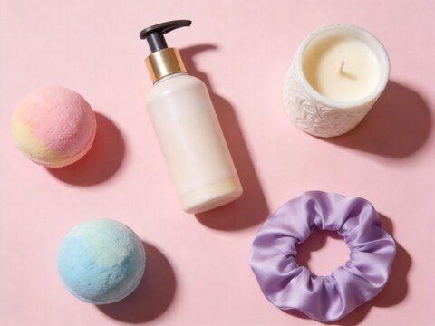 Cozy self care kit flat lay on marble background, lifestyle