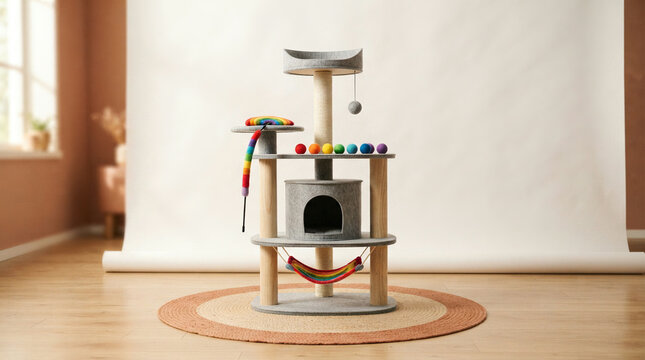 Multi tiered grey cat tree with hammock and cubby beside a round natural fibre rug