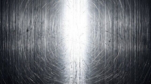 Industrial brushed metal texture, scratched steel surface with bright central light flare, dark metallic background for technology design