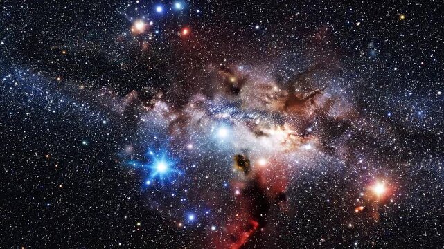 Cosmic nebulae blooming with stellar nurseries during deep space exploration against a dark background