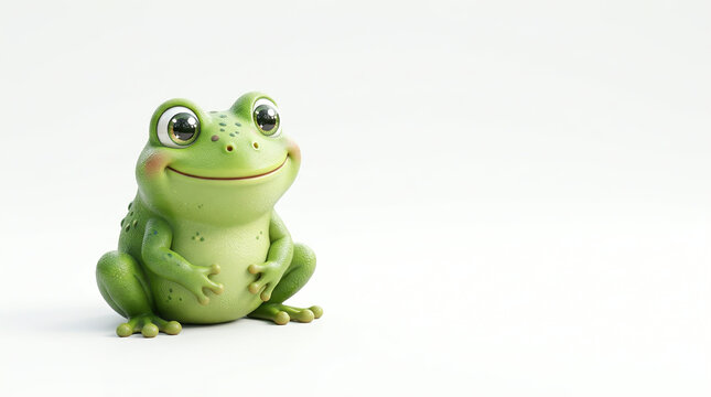 Green frog figurine seated on a reflective surface against white in a studio