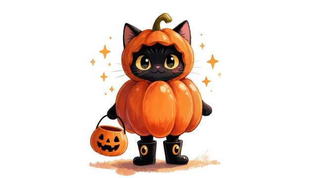 Cute black cat wearing a pumpkin costume with a jack-o-lantern bucket, isolated on transparent background