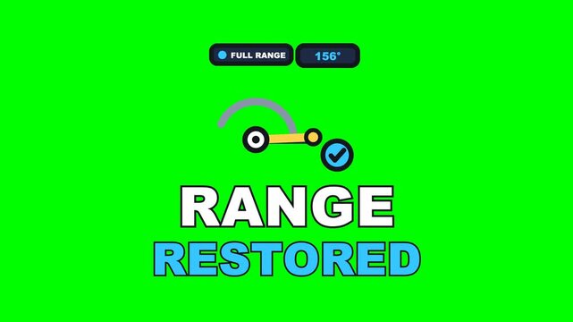 4K green screen RANGE RESTORED animated text - the joint sweeping wider on every pass, kinetic typography physiotherapy overlay for clinic content and social media, chroma key