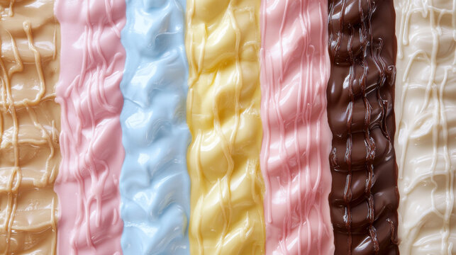 Vertical stripes of colorful melted frosting and icing glaze textures for pastry designs