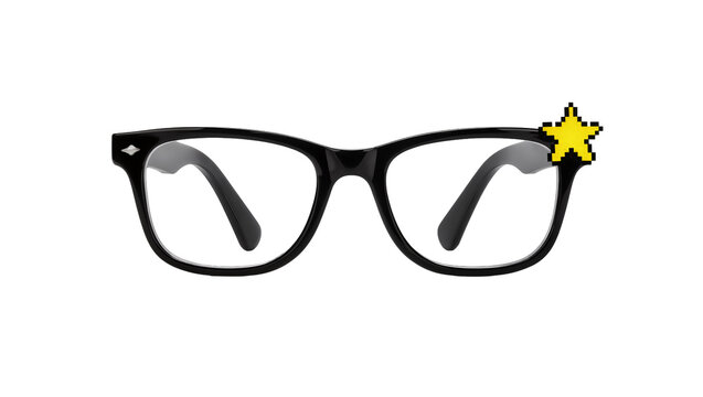 Black plastic eyeglasses with pixelated yellow star decoration, isolated on transparent background