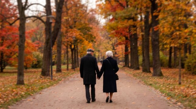 Elderly couple holding hands while walking down a tree-lined path in an autumn park, surrounded by colorful foliage and fallen leaves on the ground, blurred photo, for autumn walks themes