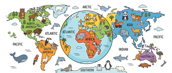 Naklejka premium Cute cartoon world map with animals isolated