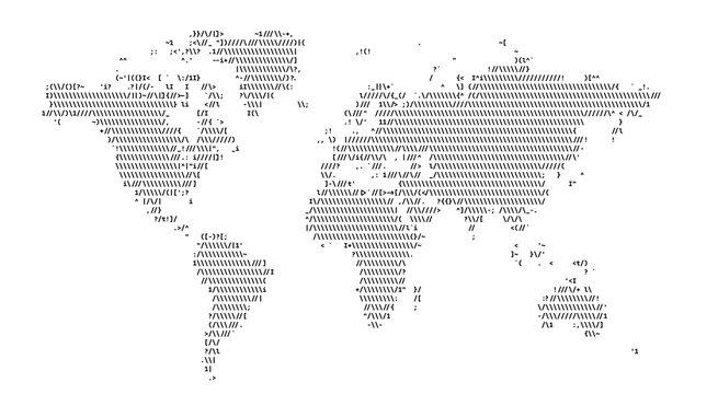 Digital World Map Made of Code and ASCII Symbols on Black Background, Global Cyber Security and Technology Concept