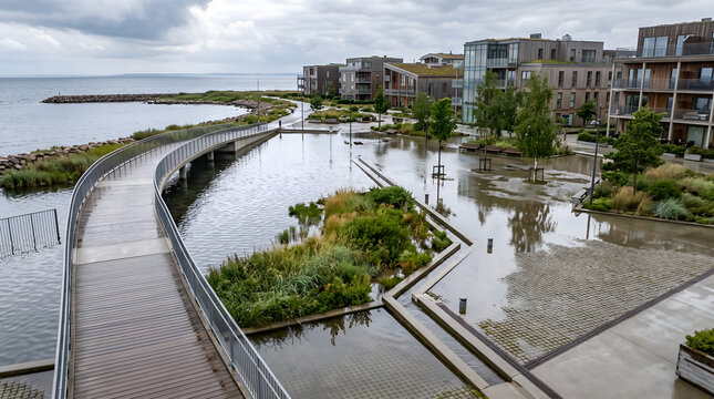 Coastal flooding interacting with climate resilient urban infrastructure, illustrating sustainable drainage, sea level rise and adaptation planning for corporate and environmental projects.
