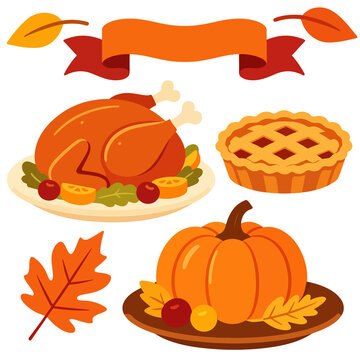 Thanksgiving set turkey pumpkin pie autumn leaves ribbon harvest vector illustration