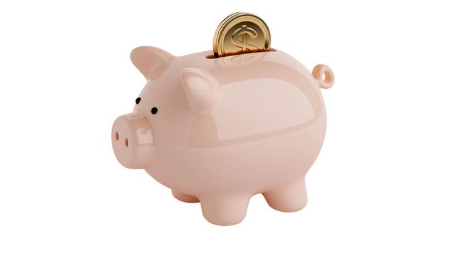 Pink ceramic piggy bank with golden dollar coin inserted, isolated on transparent background