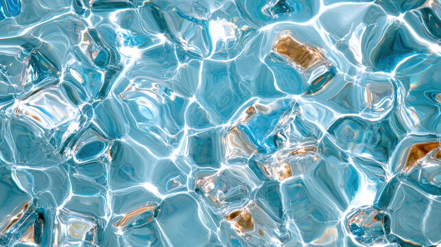 Crystal clear water ripples with reflections, showcasing mesmerizing blend of blue and light tones, creating serene and tranquil atmosphere