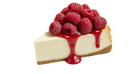 Creamy cheesecake slice with fresh raspberries and red sauce, isolated on transparent background © Marta
