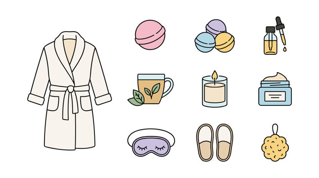 Flat design icon set for home spa and self-care, featuring bathrobe, bath bombs, tea, candle, and skincare