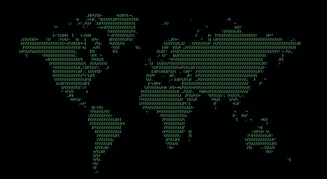 Digital World Map Made of Green Code and ASCII Symbols on Black Background, Global Cyber Security and Technology Concept