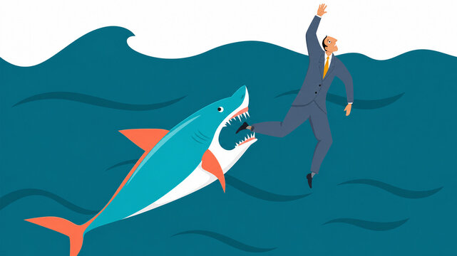 Businessman Escaping Shark Attack While Swimming in Ocean Waves
