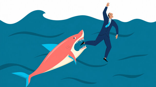 Businessman Escaping Shark Attack While Swimming in Ocean Waves
