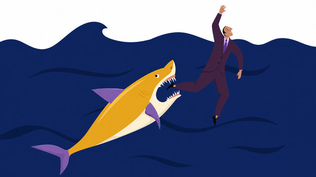 Businessman Escaping Shark Attack While Swimming in Ocean Waves