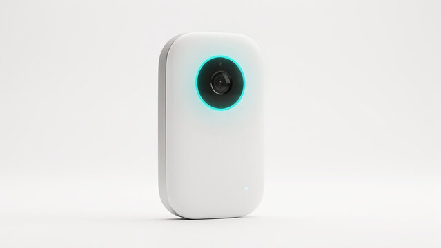 Modern compact security camera device with illuminated lens on transparent background