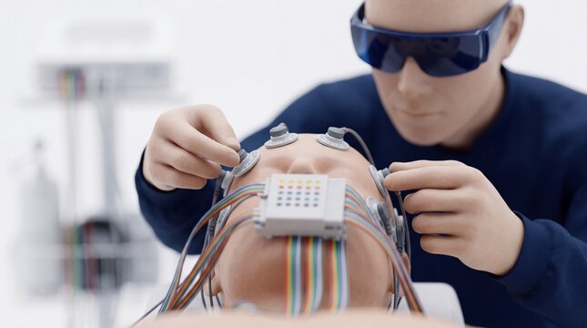 Medical professional attaches electrodes to a patient head for brain activity monitoring in clinical setting with neurological diagnostic testing technician wearing protective