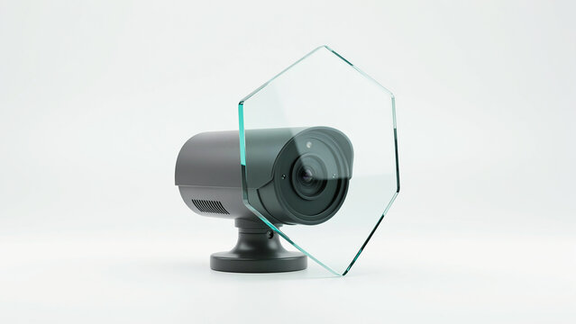 Modern security camera with transparent protective glass cover on clear background for tech illustration
