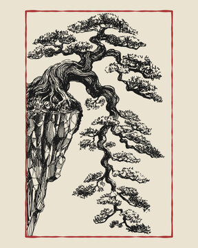 Hand-drawn sketch of an ancient bonsai pine growing from a rocky cliff. Vintage black ink line art vector illustration for eco branding, nature logo, Asian art print, craft packaging, and tattoo.