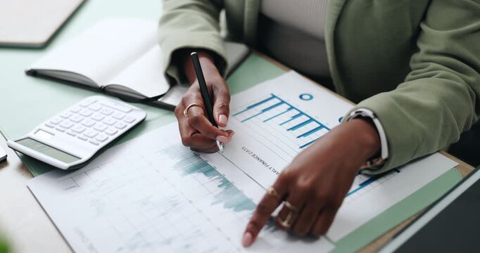 Hands, writing and notebook in office for graphs, data analysis and review with documents on desk. Business woman, portfolio and statistics on paper for research, chart or above of project management