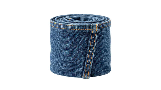 Blue denim fabric roll with stitched seam, rolled indigo jeans material, textured cotton textile for sewing and fashion design isolated PNG with Transparent Background