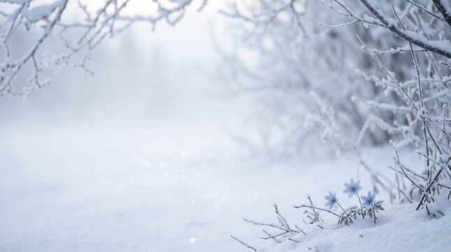 Frosty winter landscape with snow covered branches, soft blue winter background, delicate frozen flowers in snowy forest