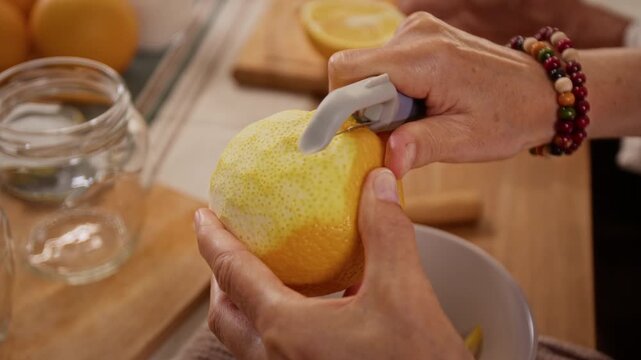 Senior Caucasian woman hands peeling orange with handheld peeler in kitchen. Footage fits culinary tutorials, healthy lifestyle projects, and senior nutrition ads