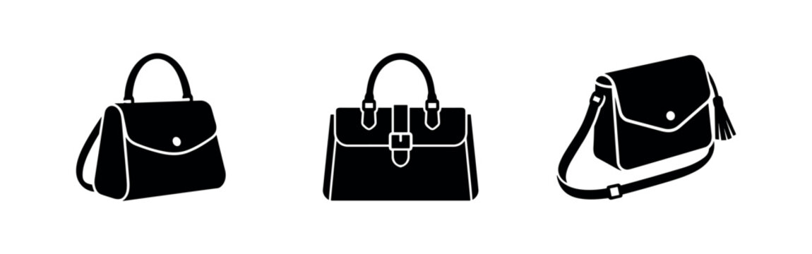 Women's handbag icons set. Fashionable purse and shoulder bag glyph symbols for retail and style.
