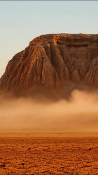 Golden hour aerial view of towering sandstone rock formations in a vast desert landscape golden hour lighting sand dunes arid desert rocky