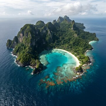 Aerial drone shot of lush green tropical island formation surrounded by crystal clear blue water and coral reefs with coral reef green jungle blue ocean tropical scener