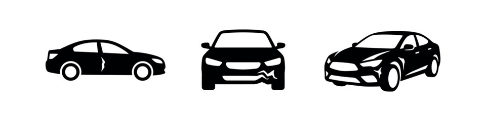 Fototapeta premium Car and damaged car icons set, auto accident and repair symbols