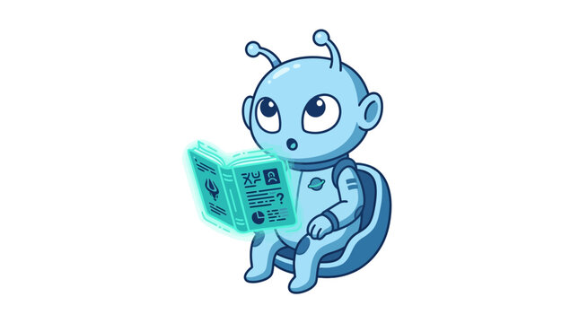 Cute blue alien reading book vector background for creative marketing logo design and educational project identity