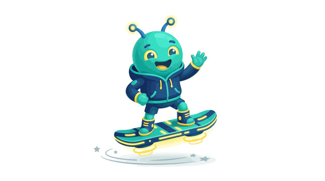 Friendly green alien character riding a futuristic hoverboard for a creative background marketing logo design
