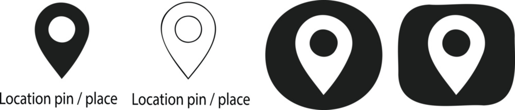 Location pin vector icon set showing map pointer navigation and destination concept with circle and square badges for travel gps tracking address corporate place marker online
