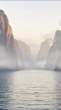 Aerial view of massive icebergs floating in a calm, icy blue ocean with soft morning light arctic landscape glacial ice polar ice iceberg