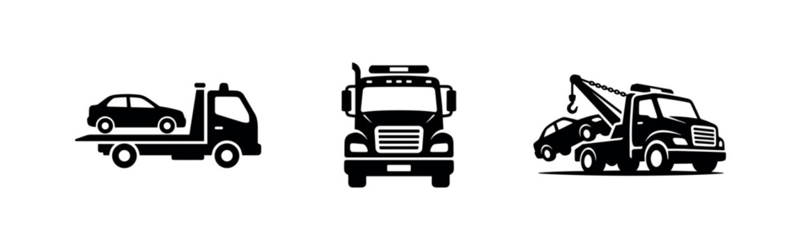 Tow truck and car towing icons set, roadside assistance and vehicle recovery