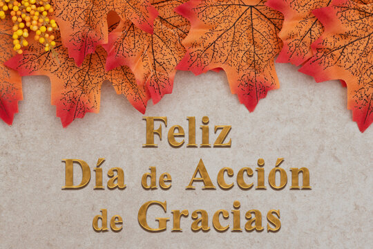 Fall leaves with a Happy Thanksgiving Feliz Dia de Accion de Gracias Spanish greeting card on marble stone